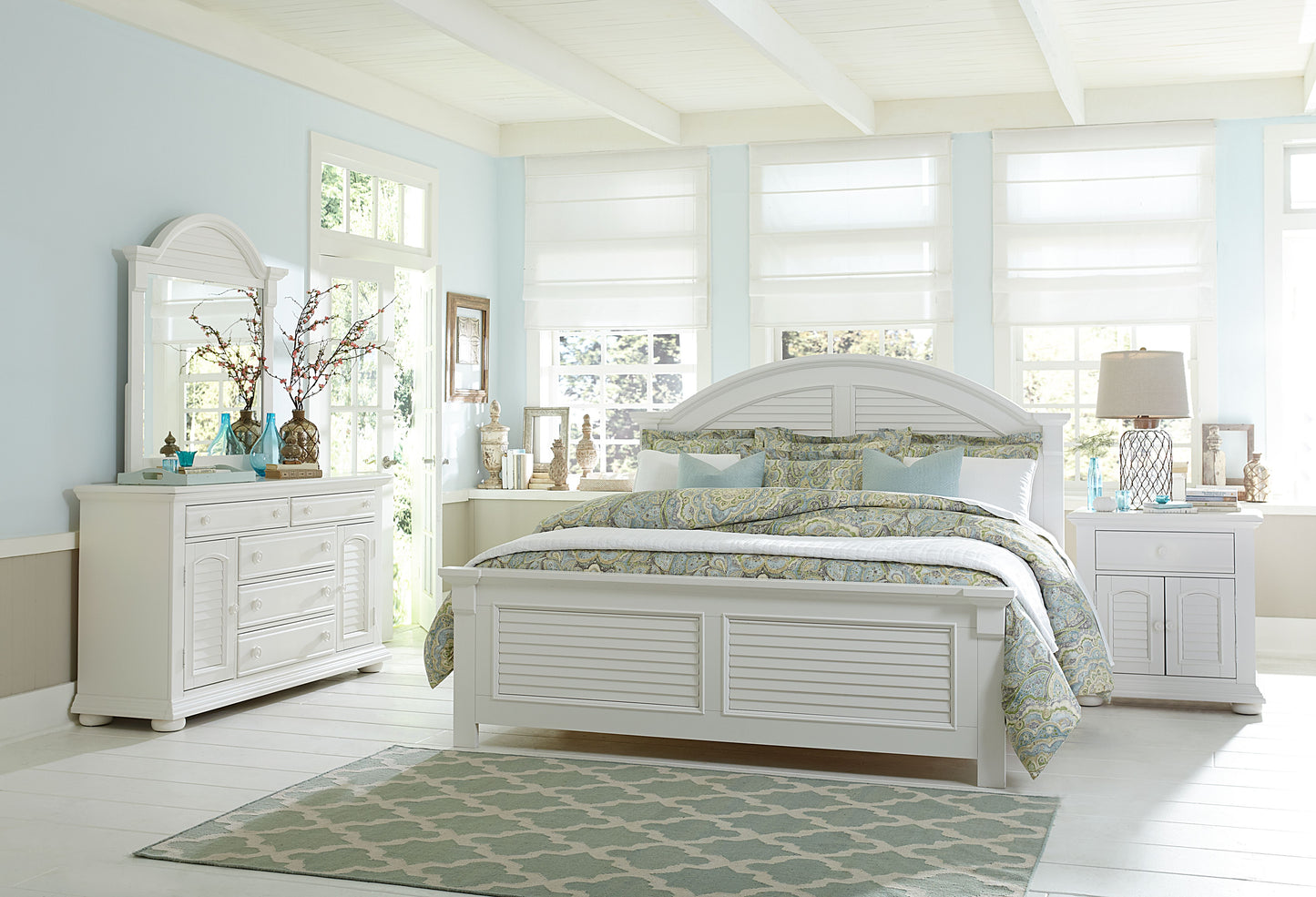 Summer House Queen Panel Bed, Dresser & Mirror, Night Stand