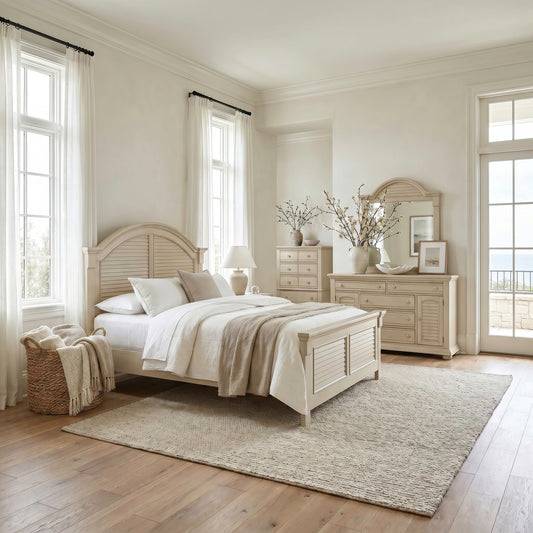 Summer House Queen Panel Bed, Dresser & Mirror, Chest
