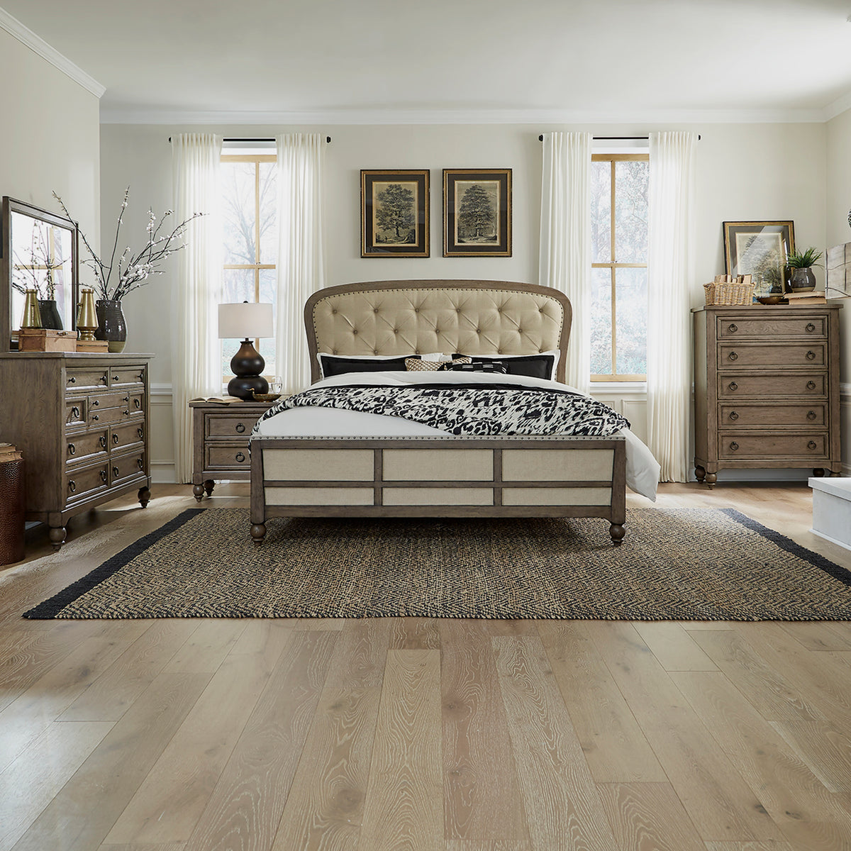 Americana Farmhouse Queen Shelter Bed, Dresser & Mirror, Chest, Night Stand Bedroom Set