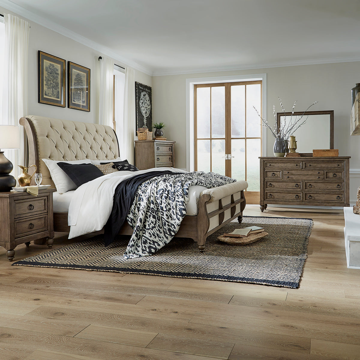 Americana Farmhouse Queen Sleigh Bed, Dresser & Mirror, Chest, Night Stand Bedroom Set