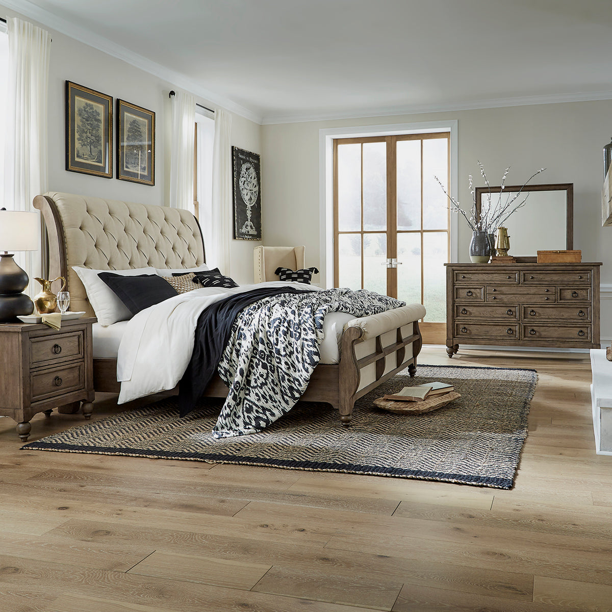 Americana Farmhouse Queen Sleigh Bed, Dresser & Mirror, Night Stand Bedroom Set