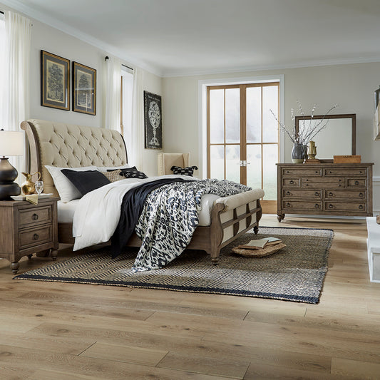 Americana Farmhouse Queen Sleigh Bed, Dresser & Mirror, Night Stand Bedroom Set