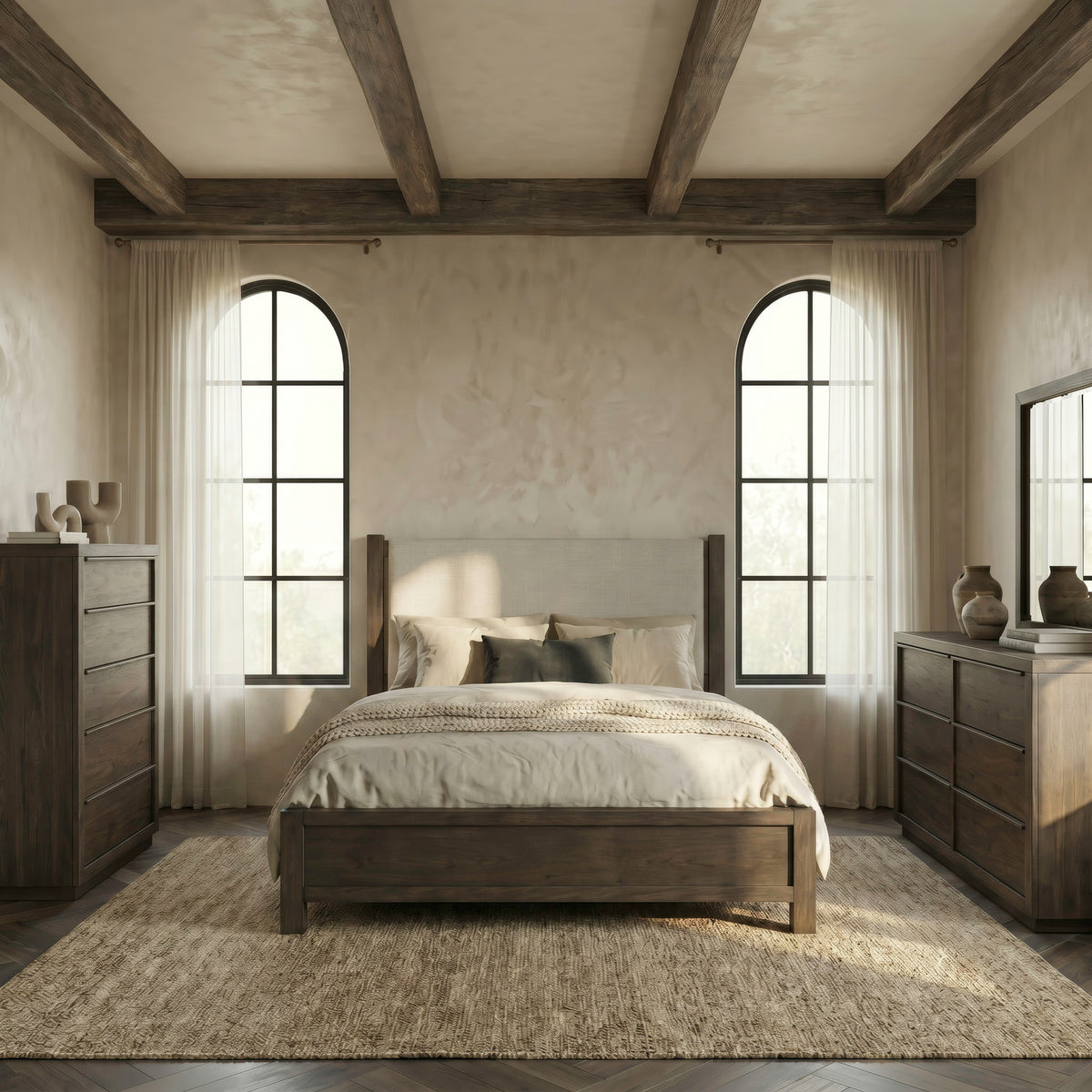 Stillwater Queen Uph Bed, Dresser & Mirror, Chest