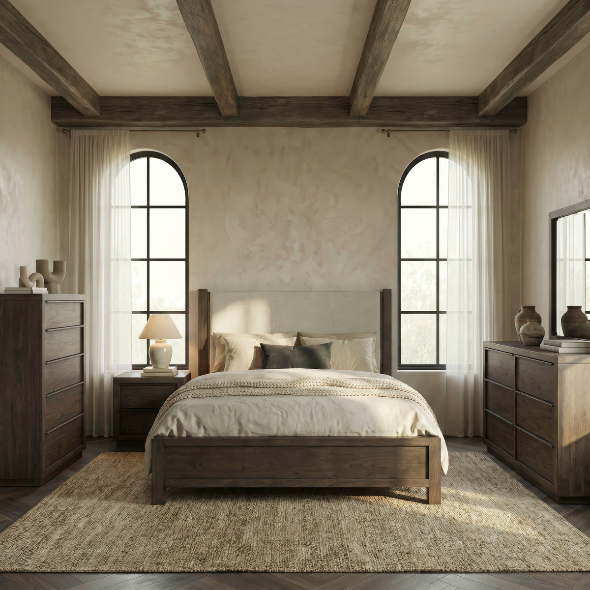 Stillwater Queen Uph Bed, Dresser & Mirror, Chest, Night Stand