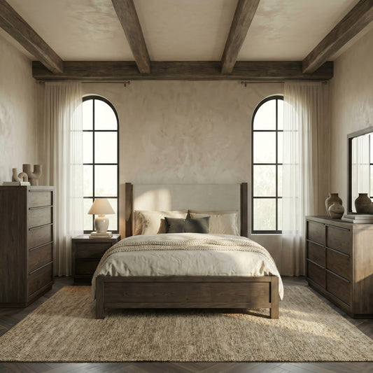 Stillwater Queen Uph Bed, Dresser & Mirror, Chest, Night Stand