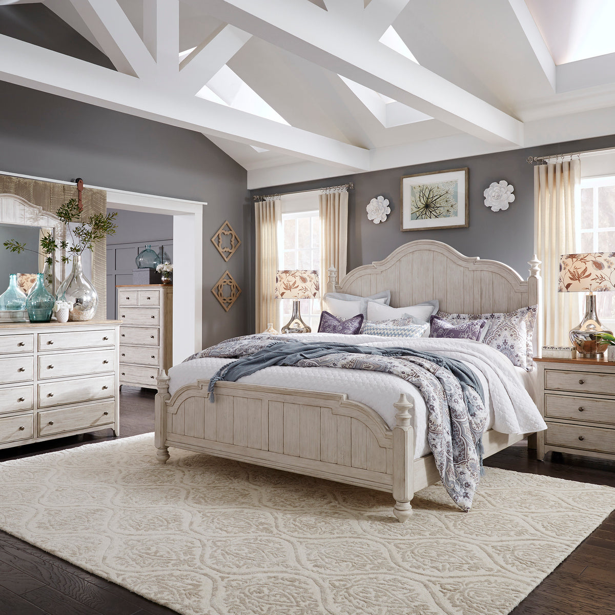 Farmhouse Reimagined Queen Poster Bed, Dresser & Mirror, Chest, Night Stand Bedroom Set