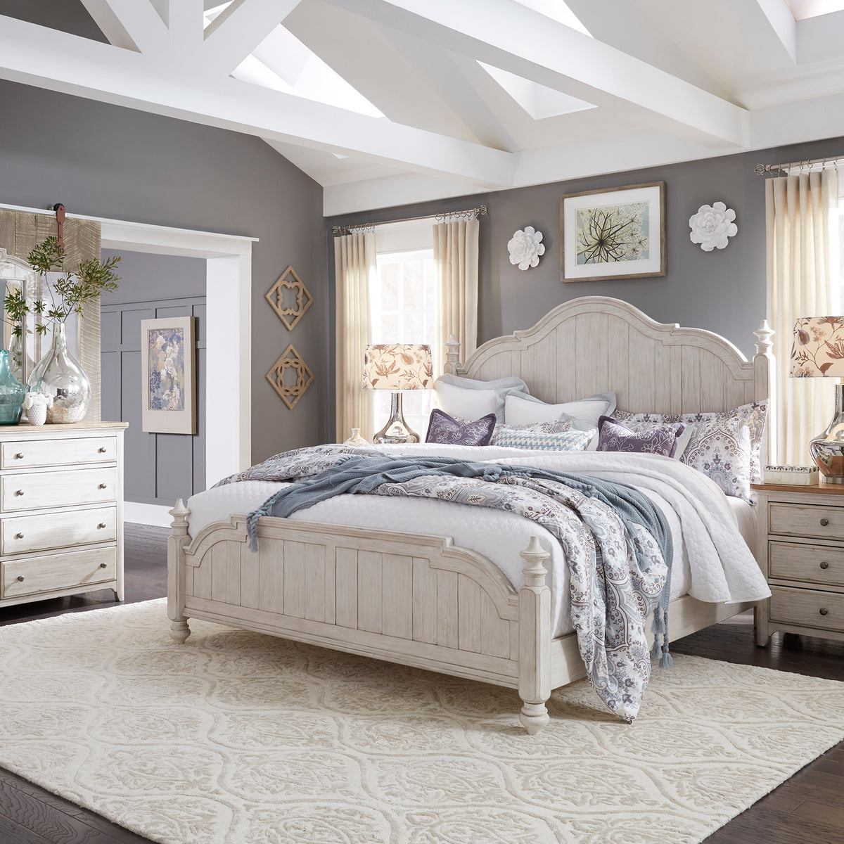 Farmhouse Reimagined Queen Poster Bed, Dresser & Mirror, Night Stand Bedroom Set