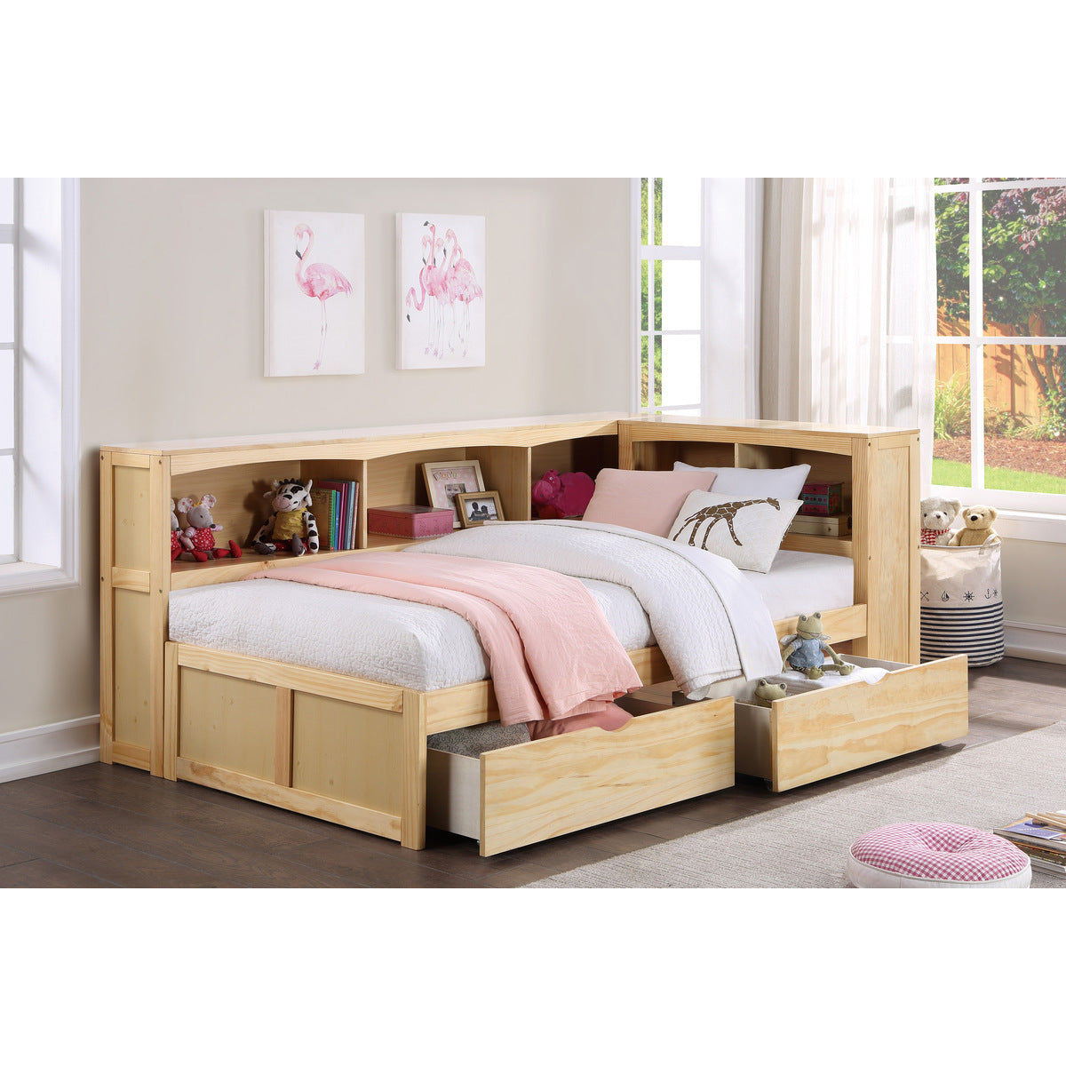 Bartly Twin Bookcase Corner Platform Bed with Storage Boxes
