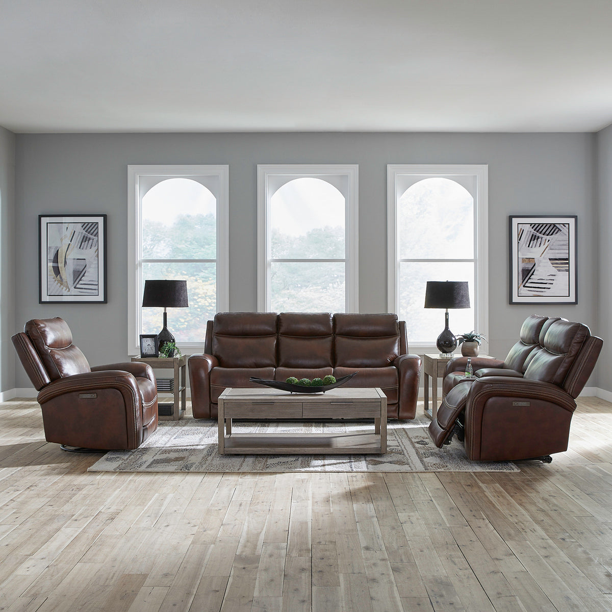 Blair Sofa w/ Loveseat & Recliner (Cognac Leather)