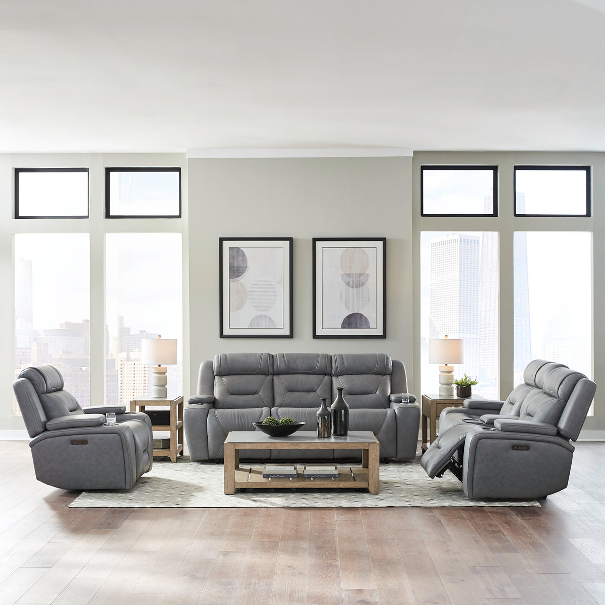 Chapman Sofa w/ Loveseat & Recliner (Aline Blue Gray Leather)