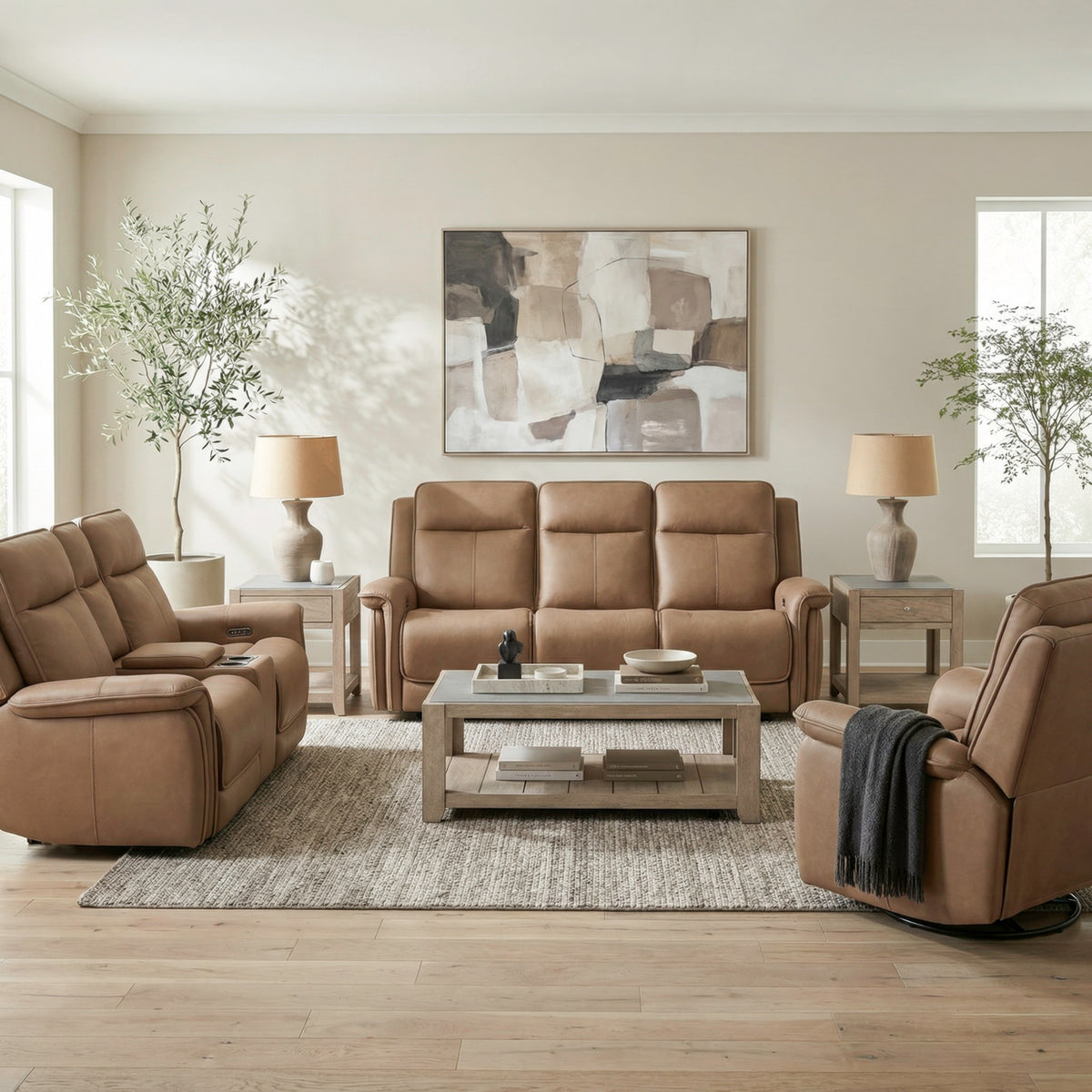 Cora Sofa w/ Loveseat & Recliner (Aline Toast Leather)