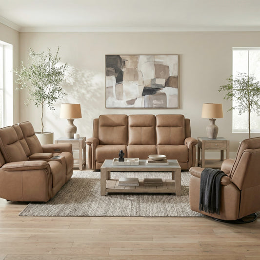 Cora Sofa w/ Loveseat & Recliner (Aline Toast Leather)