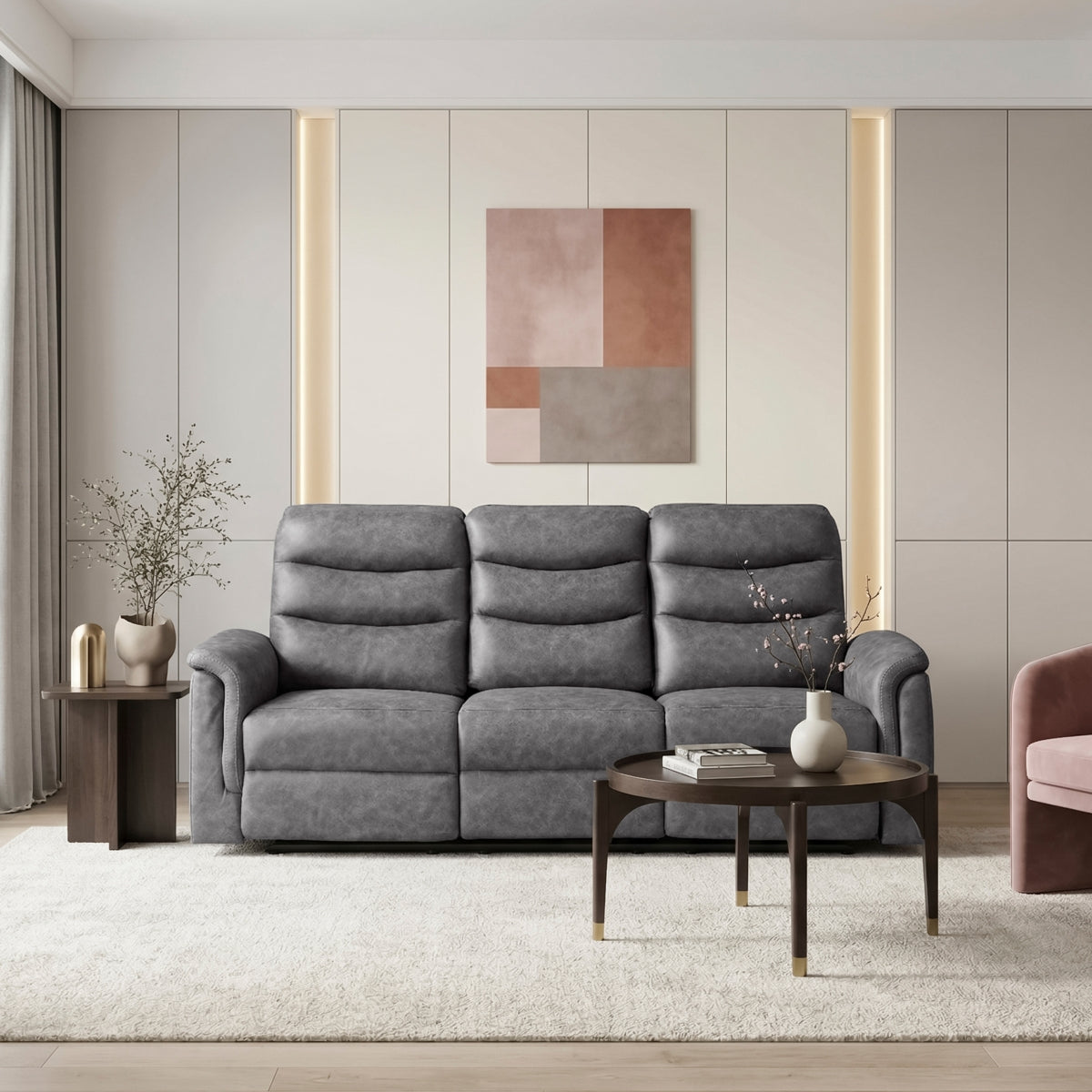 Metric Double Reclining Sofa with Drop-down Cup Holders