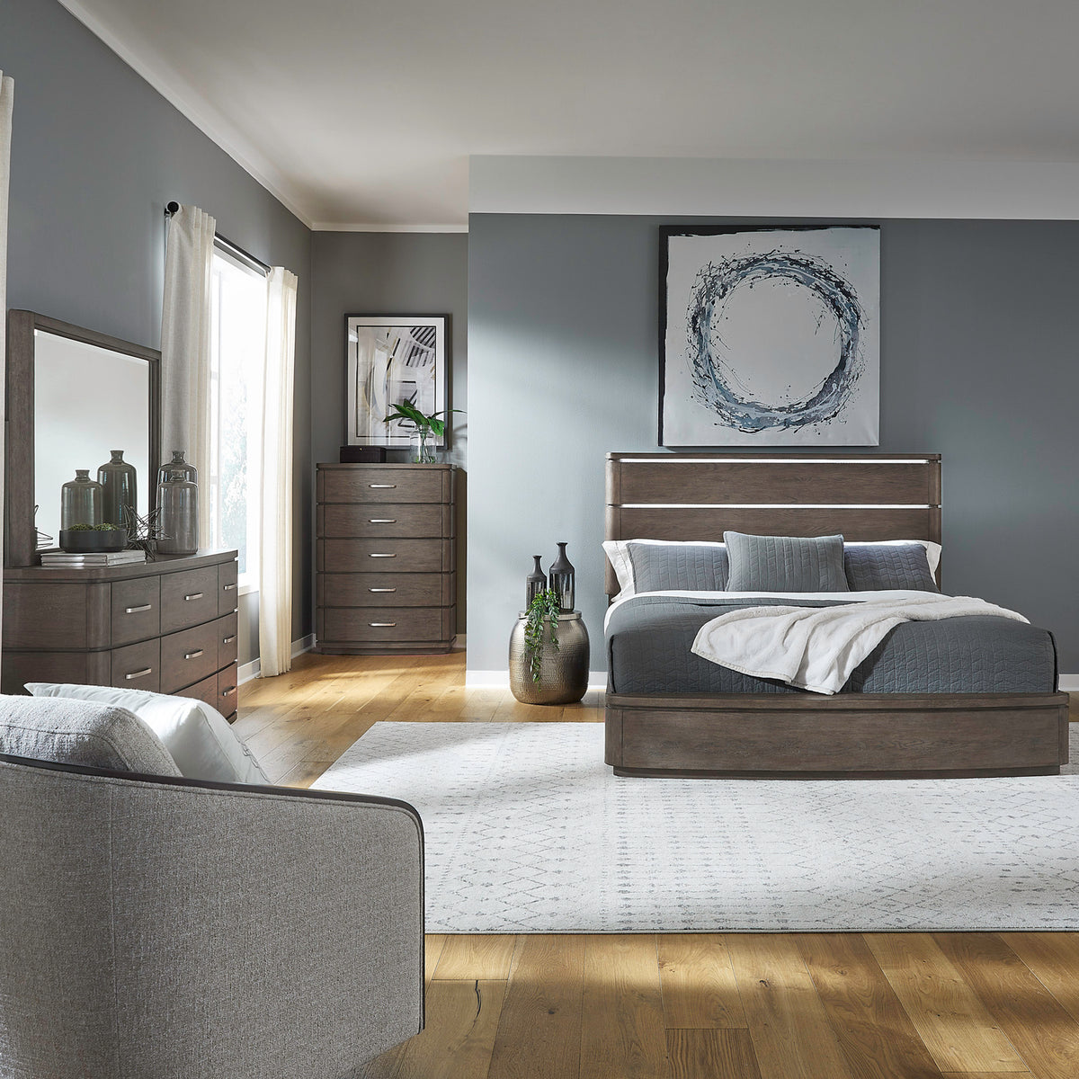 Cascade Falls Queen Panel Bed, Dresser & Mirror, Chest