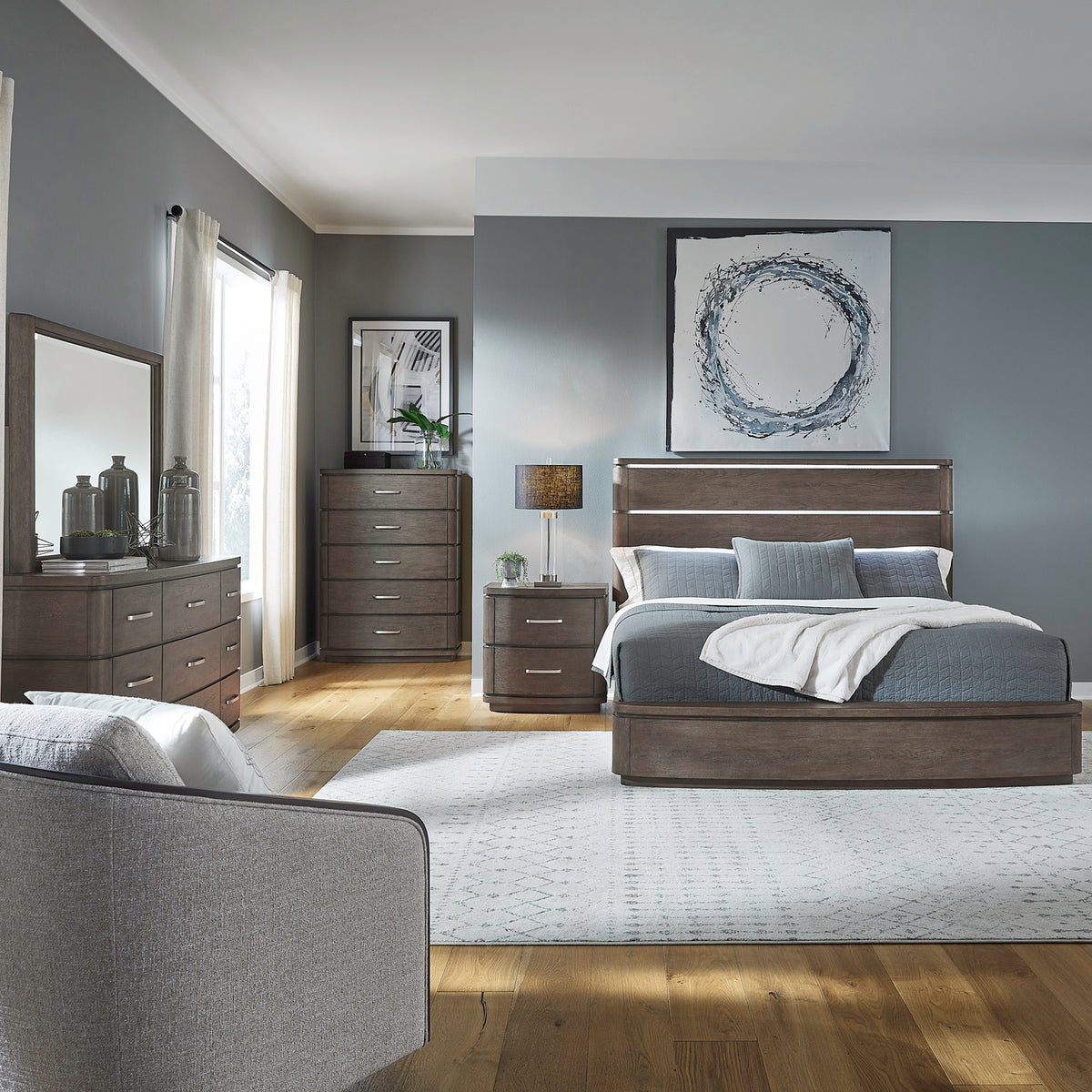 Cascade Falls Queen Panel Bed, Dresser & Mirror, Chest, Night Stand