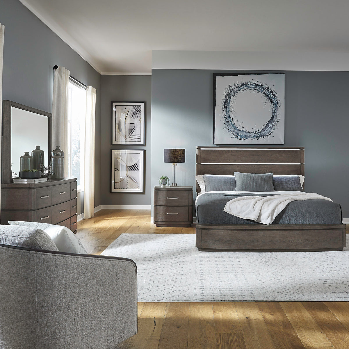 Cascade Falls Queen Panel Bed, Dresser & Mirror, Night Stand