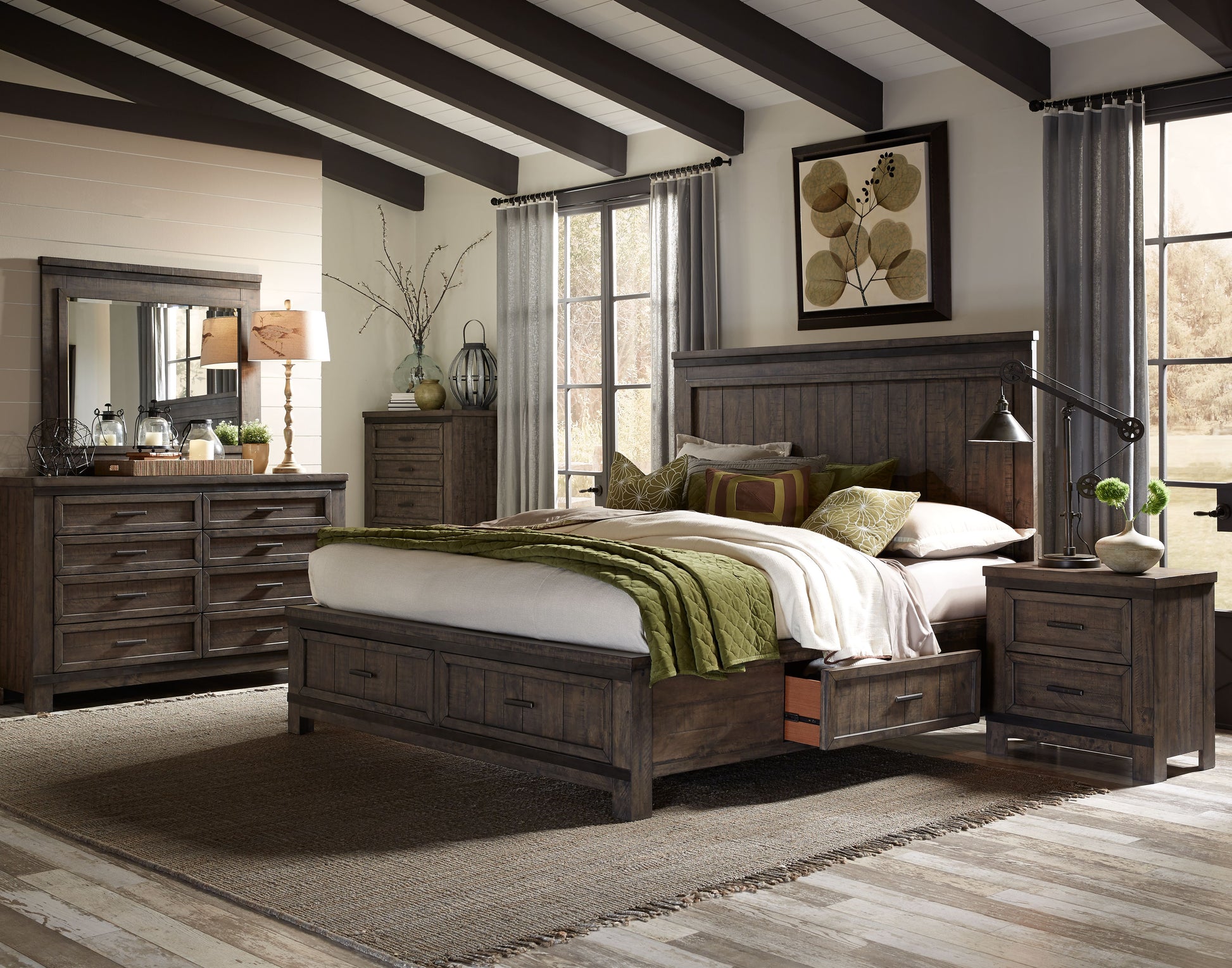 Thornwood Hills Queen Two Sided Storage Bed, Dresser & Mirror, Chest