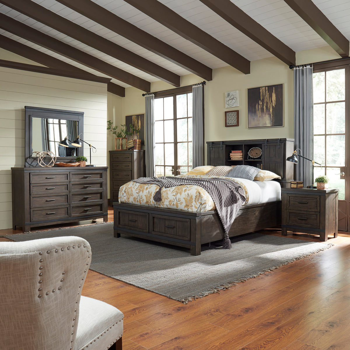 Thornwood Hills Queen Bookcase Bed, Dresser & Mirror, Chest, Night Stand Bedroom Set