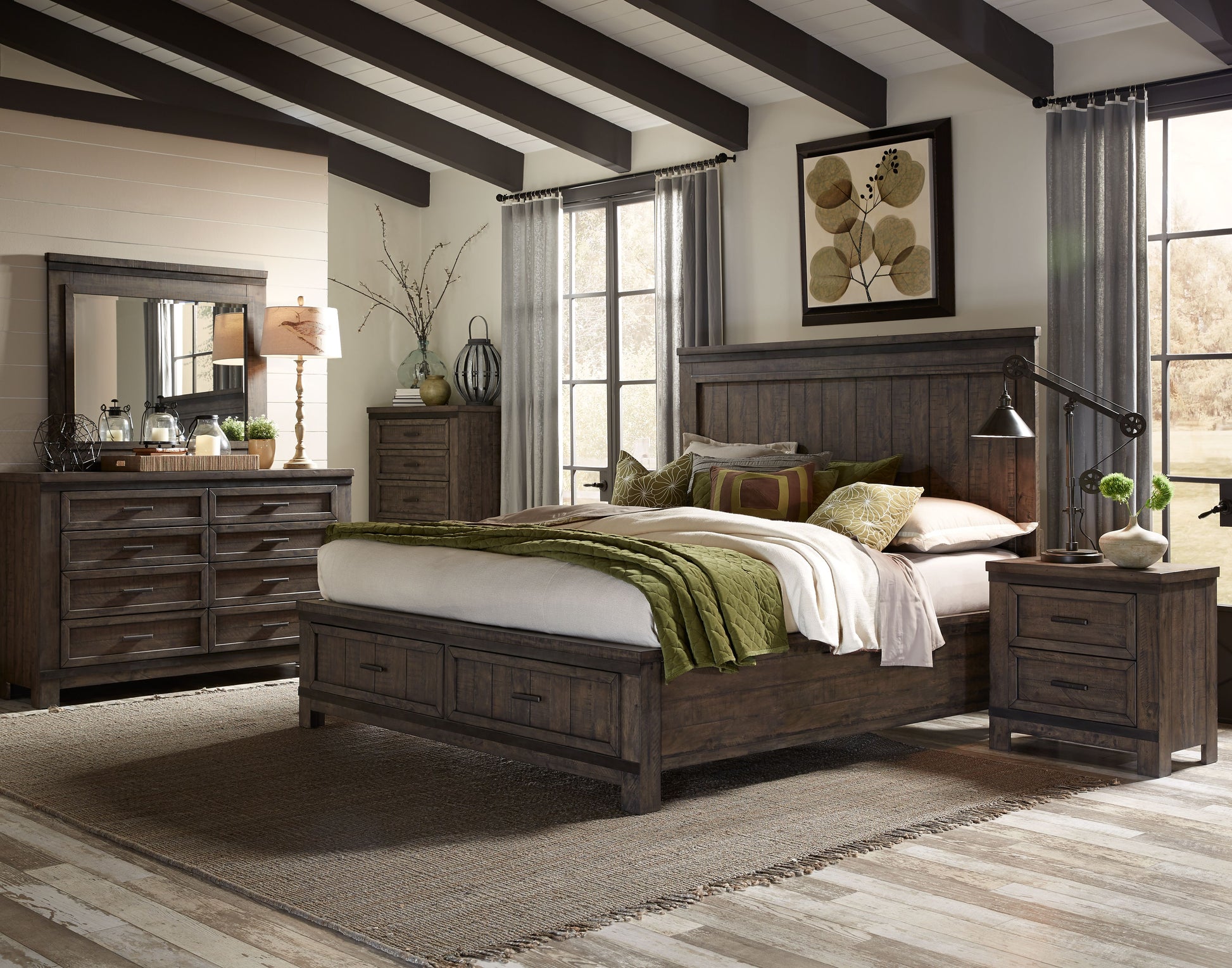 Thornwood Hills Queen Storage Bed, Dresser & Mirror, Chest