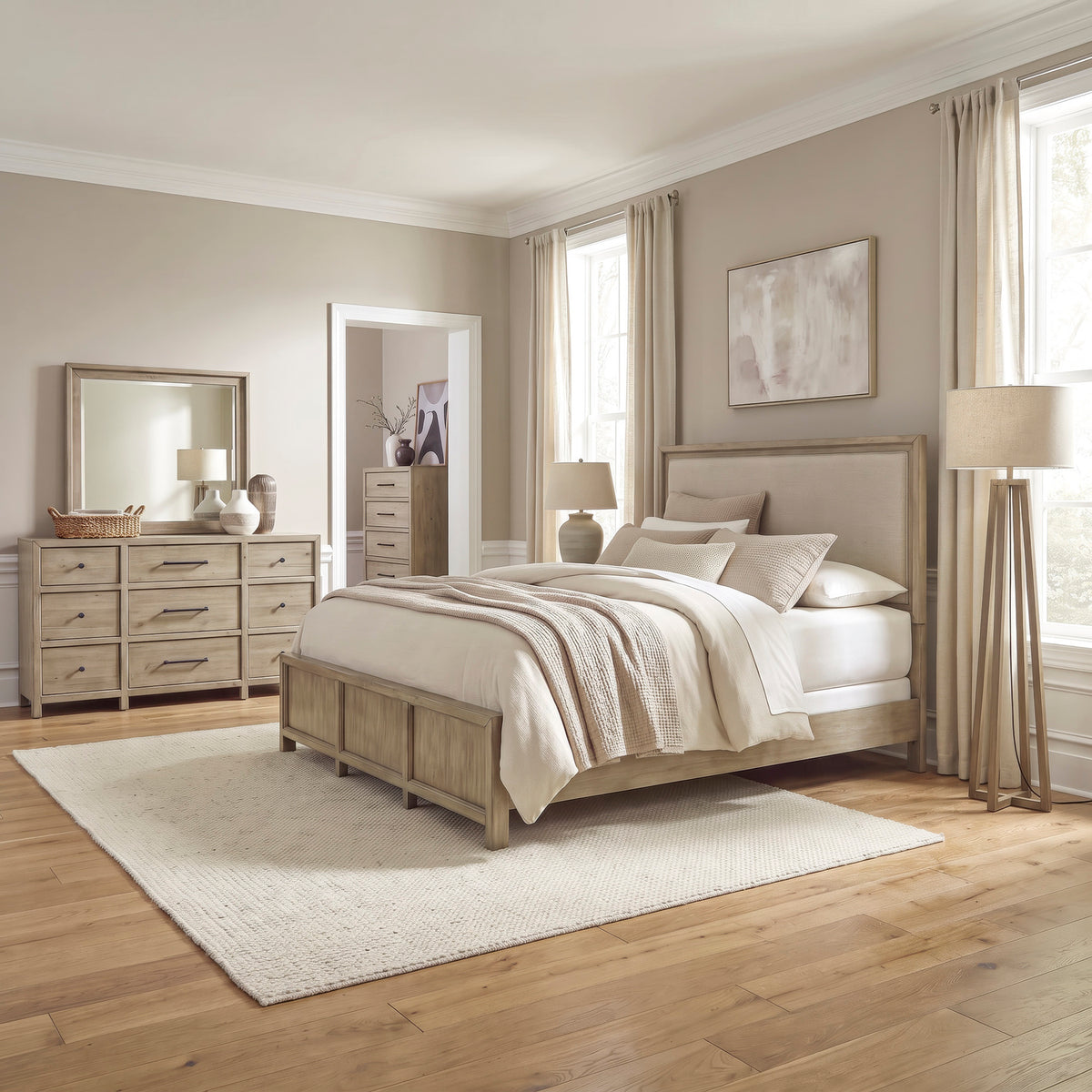 Proximity Place Queen Uph Bed, Dresser & Mirror, Chest