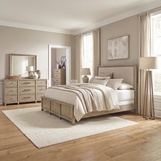 Proximity Place Queen Uph Bed, Dresser & Mirror, Chest