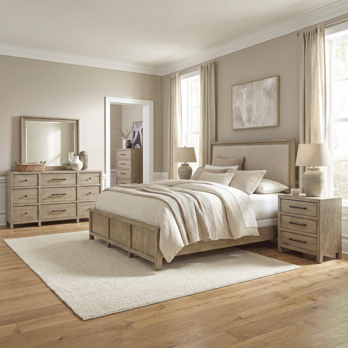 Proximity Place Queen Uph Bed, Dresser & Mirror, Chest, Night Stand