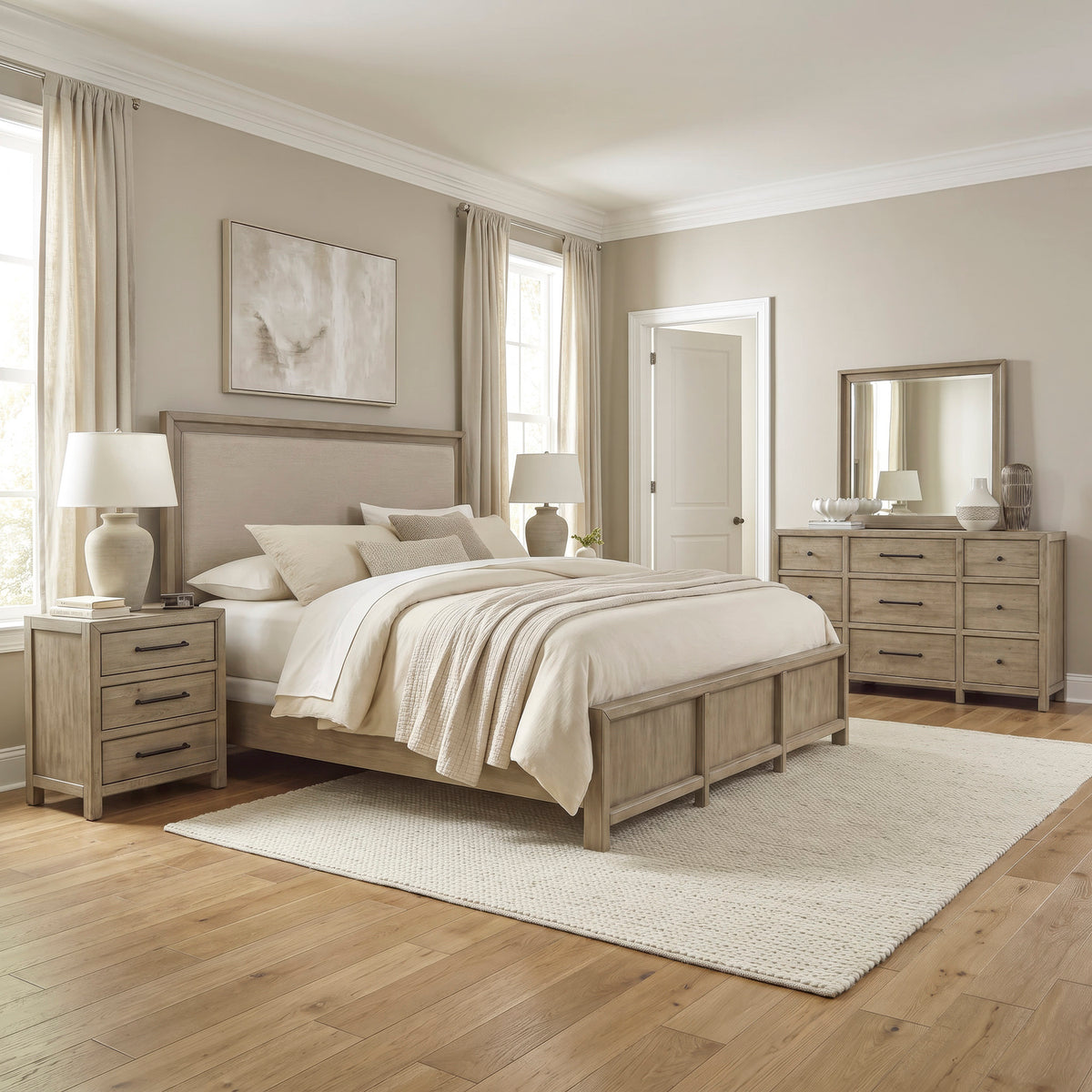 Proximity Place Queen Uph Bed, Dresser & Mirror, Night Stand