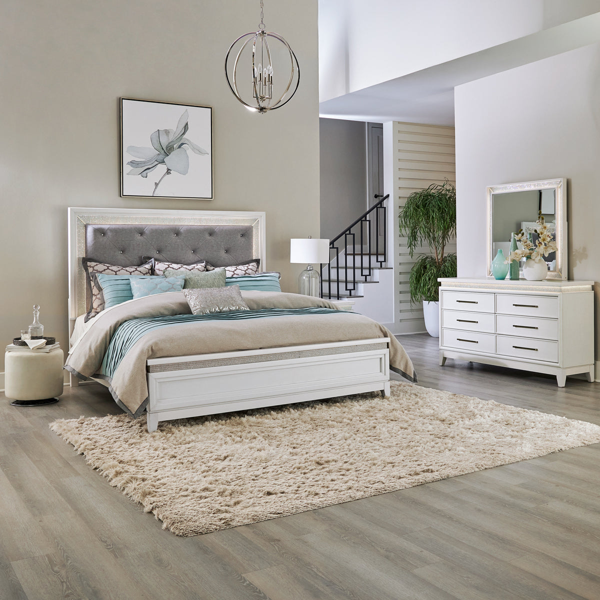 Reflections Queen Uph Bed, Dresser & Mirror