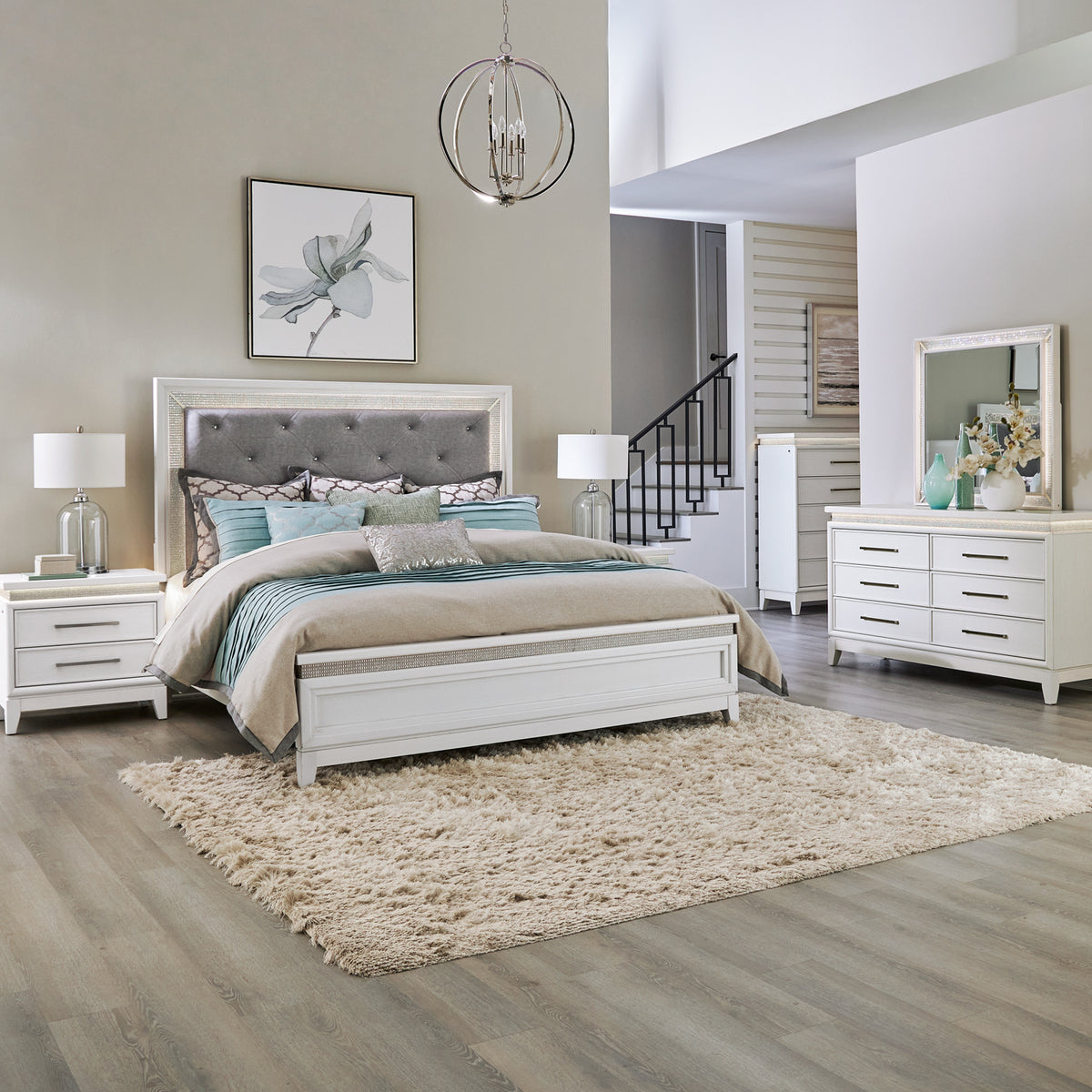 Reflections Queen Uph Bed, Dresser & Mirror, Chest, Night Stand