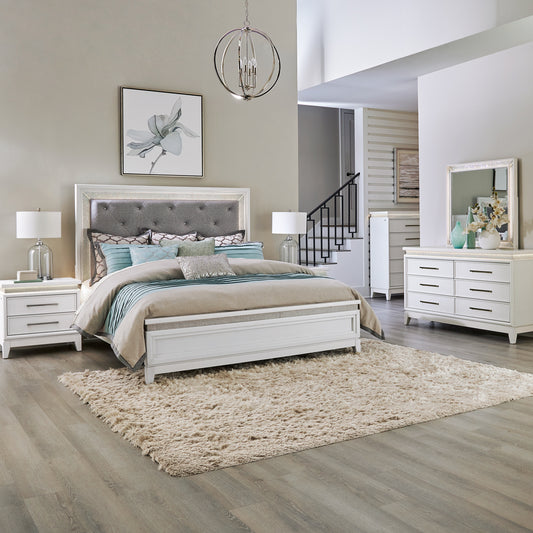 Reflections Queen Uph Bed, Dresser & Mirror, Chest, Night Stand