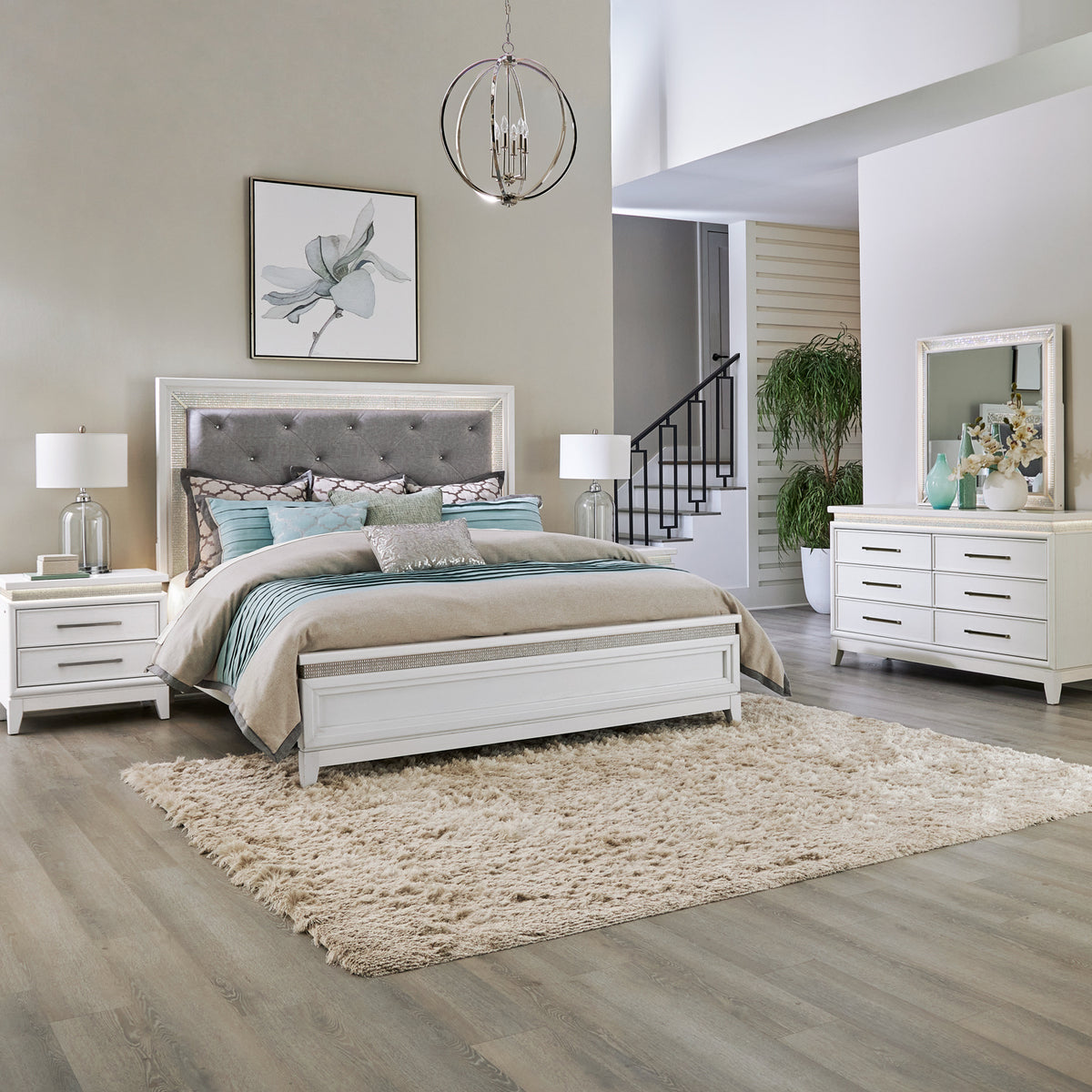 Reflections Queen Uph Bed, Dresser & Mirror, Night Stand