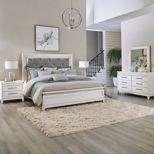 Reflections Queen Uph Bed, Dresser & Mirror, Night Stand