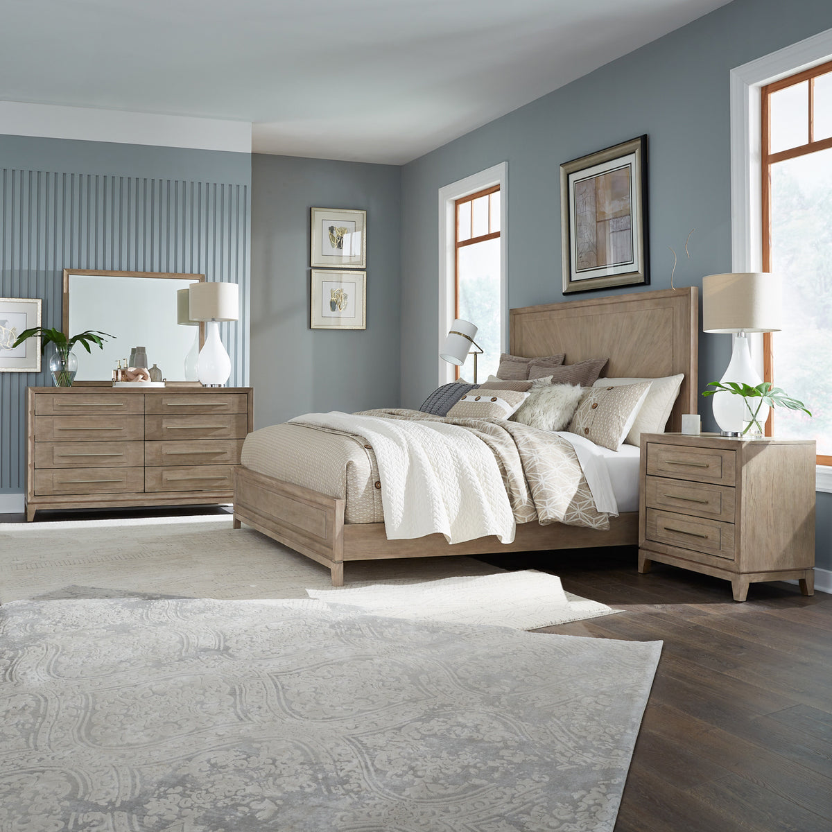 Brentwood Queen Panel Bed, Dresser & Mirror, Night Stand