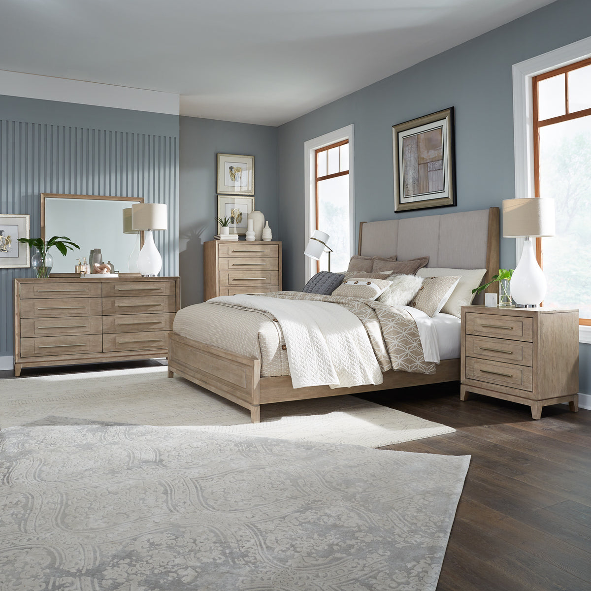 Brentwood Queen Uph Bed, Dresser & Mirror, Chest, Night Stand