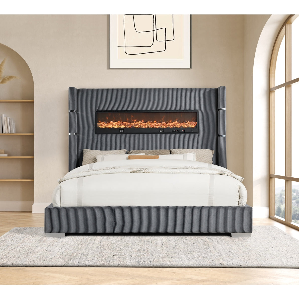 Vadra Uphl Qn Bed W/ Fireplace Display
