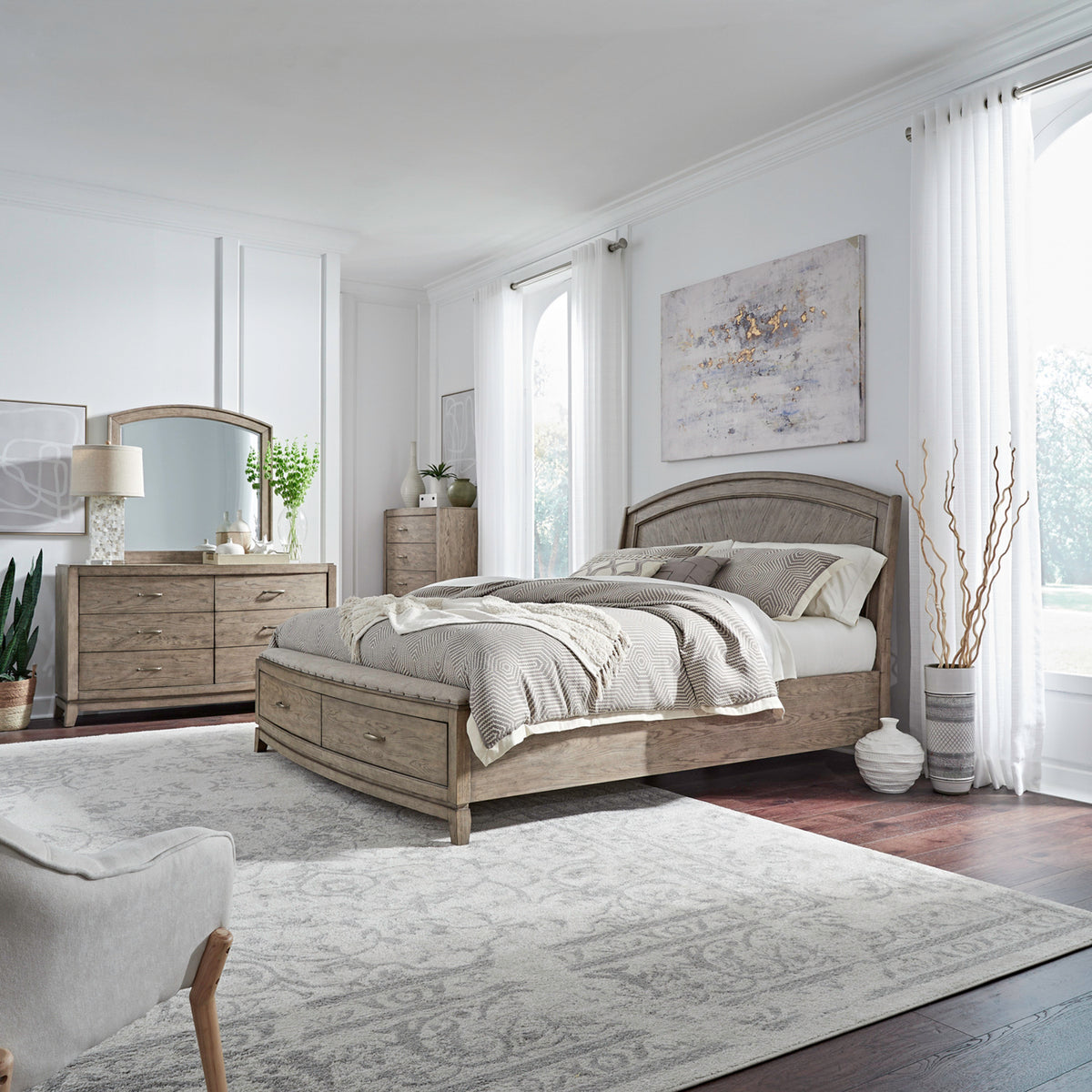 Avalon Queen Panel Storage Bed, Dresser & Mirror, Chest