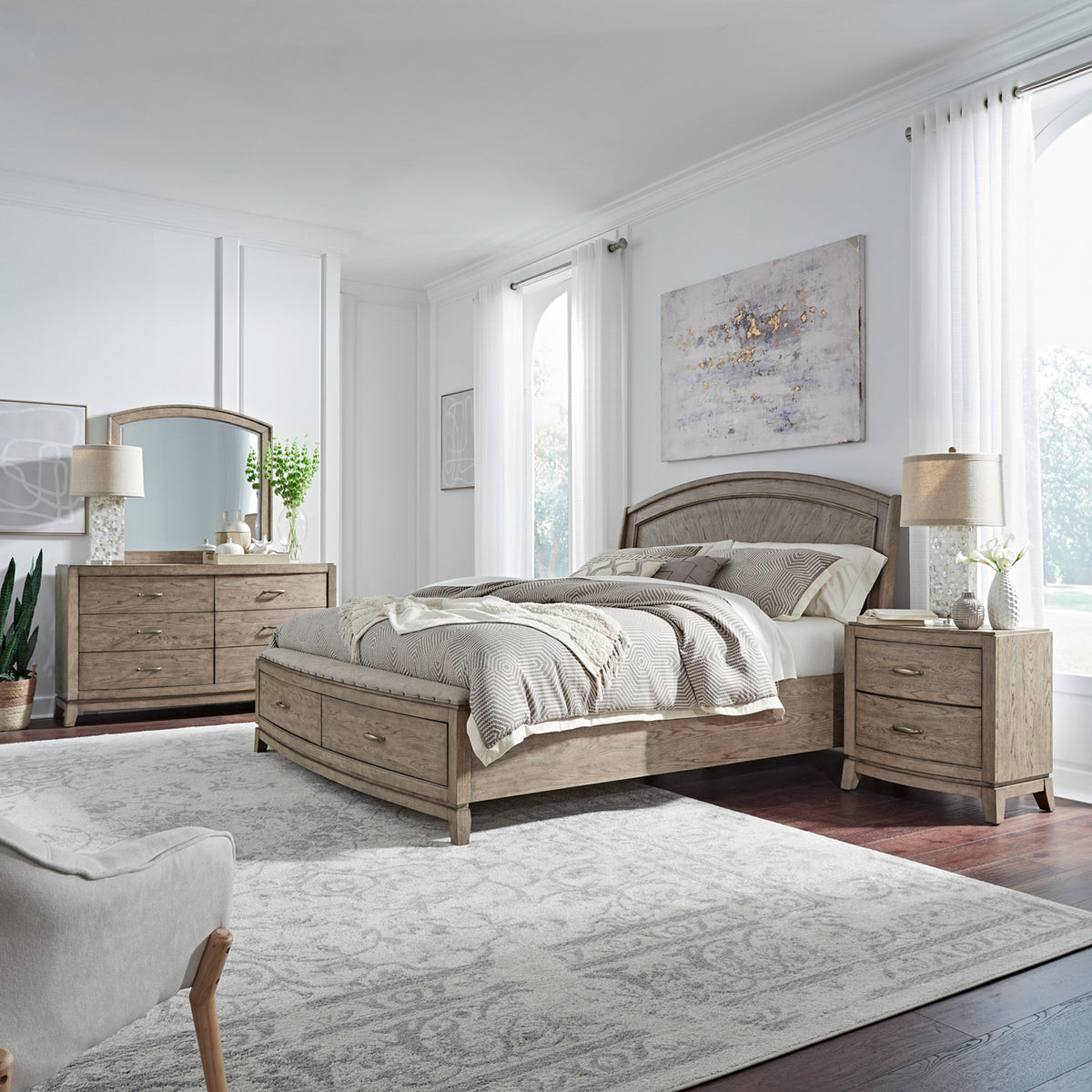 Avalon Queen Panel Storage Bed, Dresser & Mirror, Night Stand