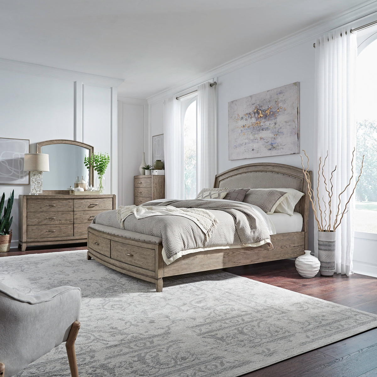 Avalon Queen Uph Storage Bed, Dresser & Mirror, Chest