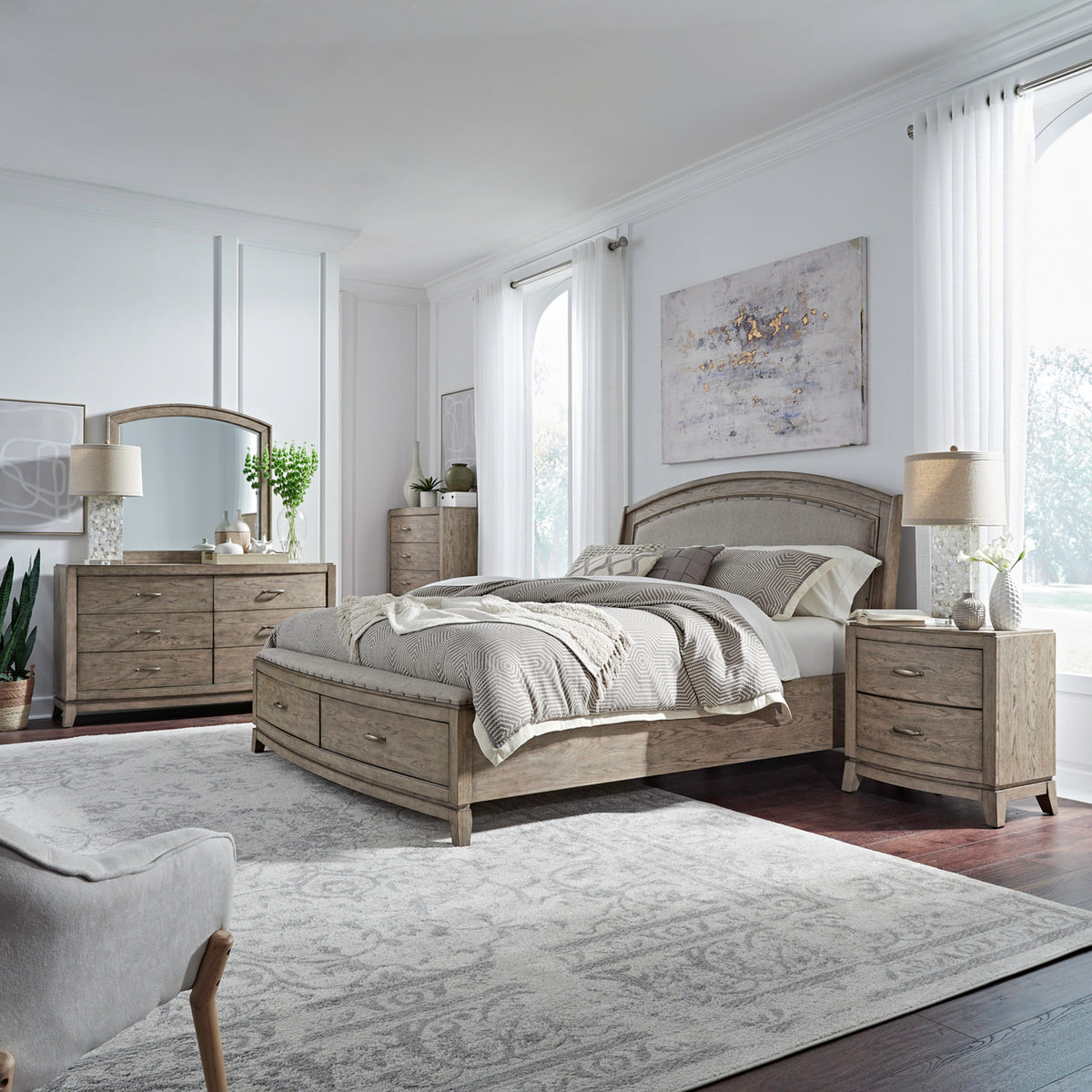 Avalon Queen Uph Storage Bed, Dresser & Mirror, Chest, Night Stand