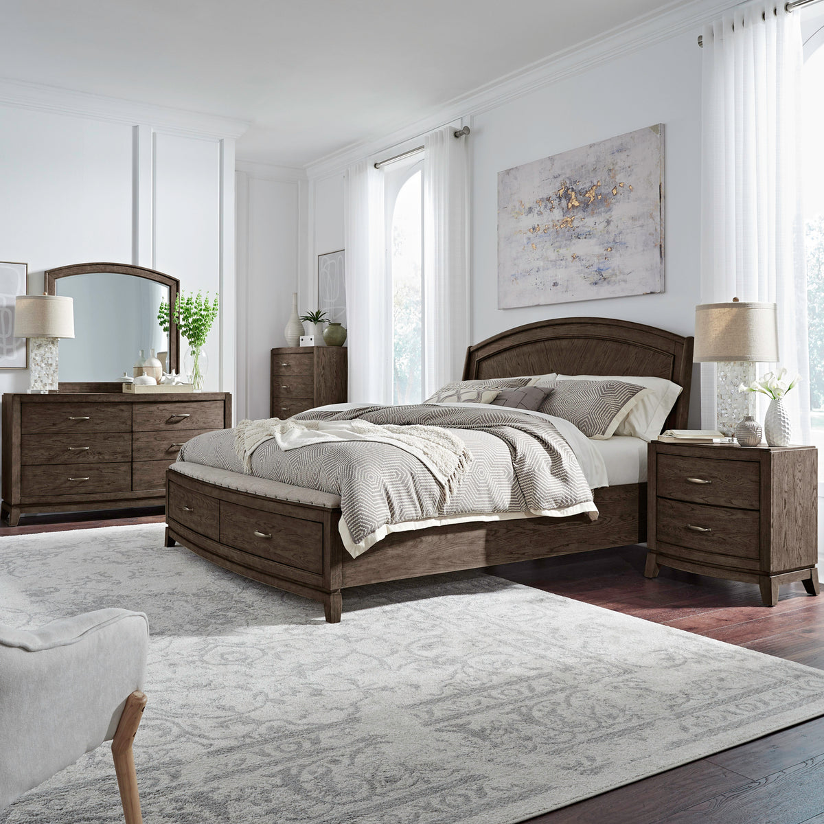 Avalon Queen Panel Storage Bed, Dresser & Mirror, Chest, Night Stand