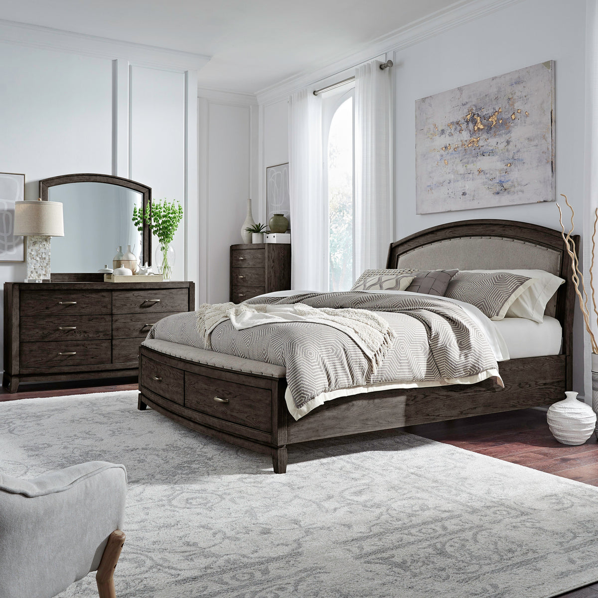 Avalon Queen Uph Storage Bed, Dresser & Mirror, Chest