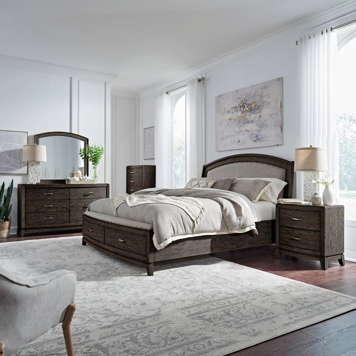 Avalon Queen Uph Storage Bed, Dresser & Mirror, Chest, Night Stand