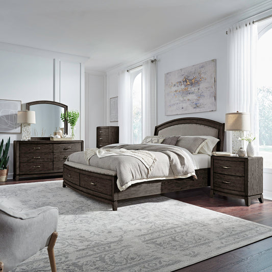 Avalon Queen Uph Storage Bed, Dresser & Mirror, Chest, Night Stand