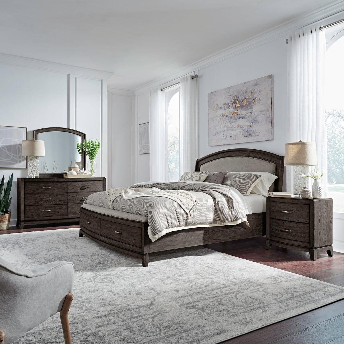 Avalon Queen Uph Storage Bed, Dresser & Mirror, Night Stand