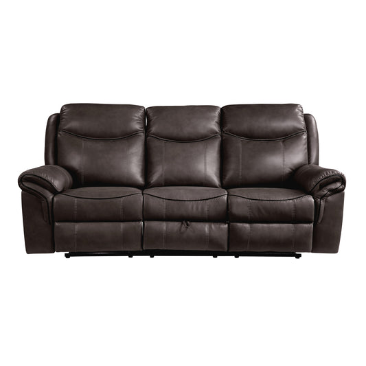 Aram Double Reclining Sofa with Center Drop-Down Cup Holders, Receptacles, Hidden Drawer and USB Ports - Dark brown