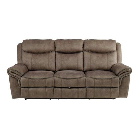 Aram Double Reclining Sofa with Center Drop-Down Cup Holders, Receptacles, Hidden Drawer and USB Ports - Brown