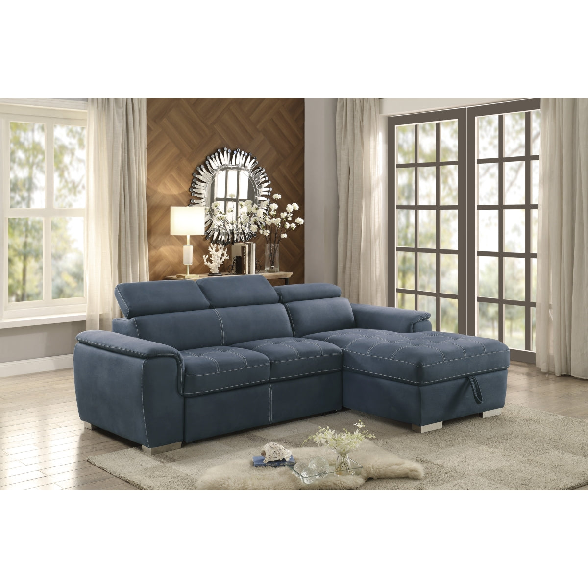 Ferriday 2-Piece Sectional with Adjustable Headrests, Pull-out Bed and Right Chaise with Hidden Storage