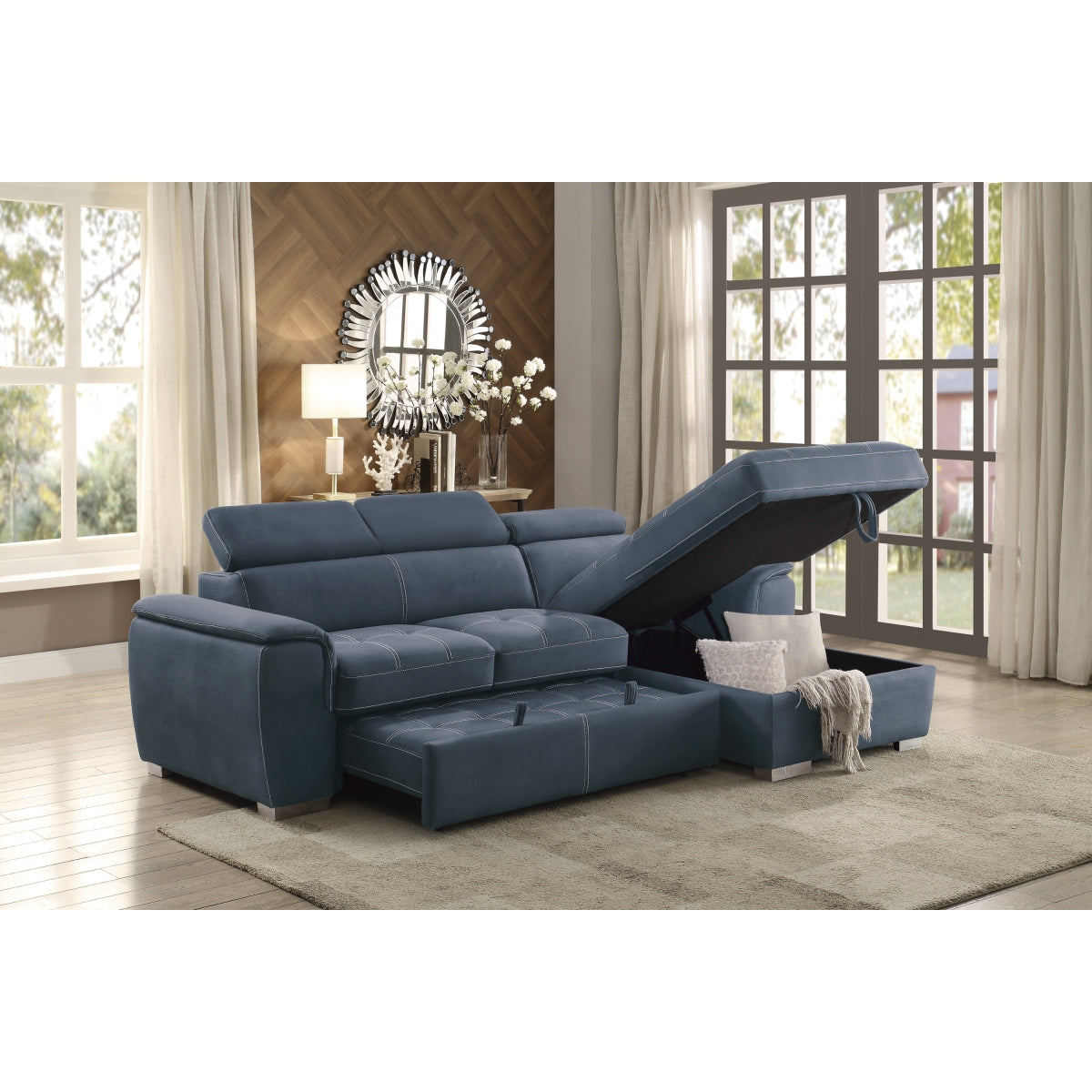 Ferriday 2-Piece Sectional with Adjustable Headrests, Pull-out Bed and Right Chaise with Hidden Storage