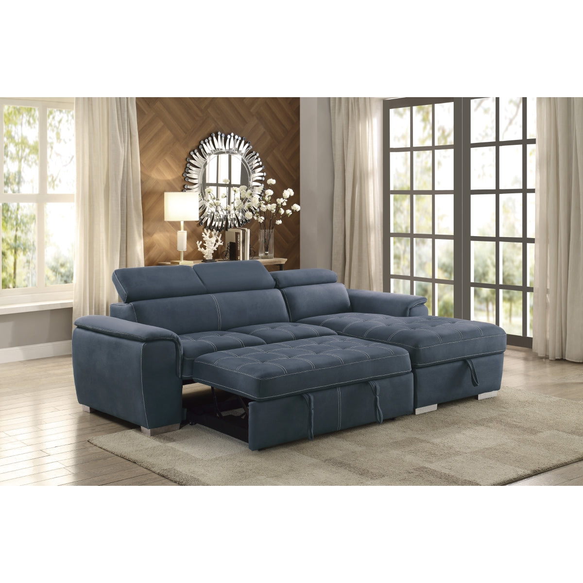 Ferriday 2-Piece Sectional with Adjustable Headrests, Pull-out Bed and Right Chaise with Hidden Storage