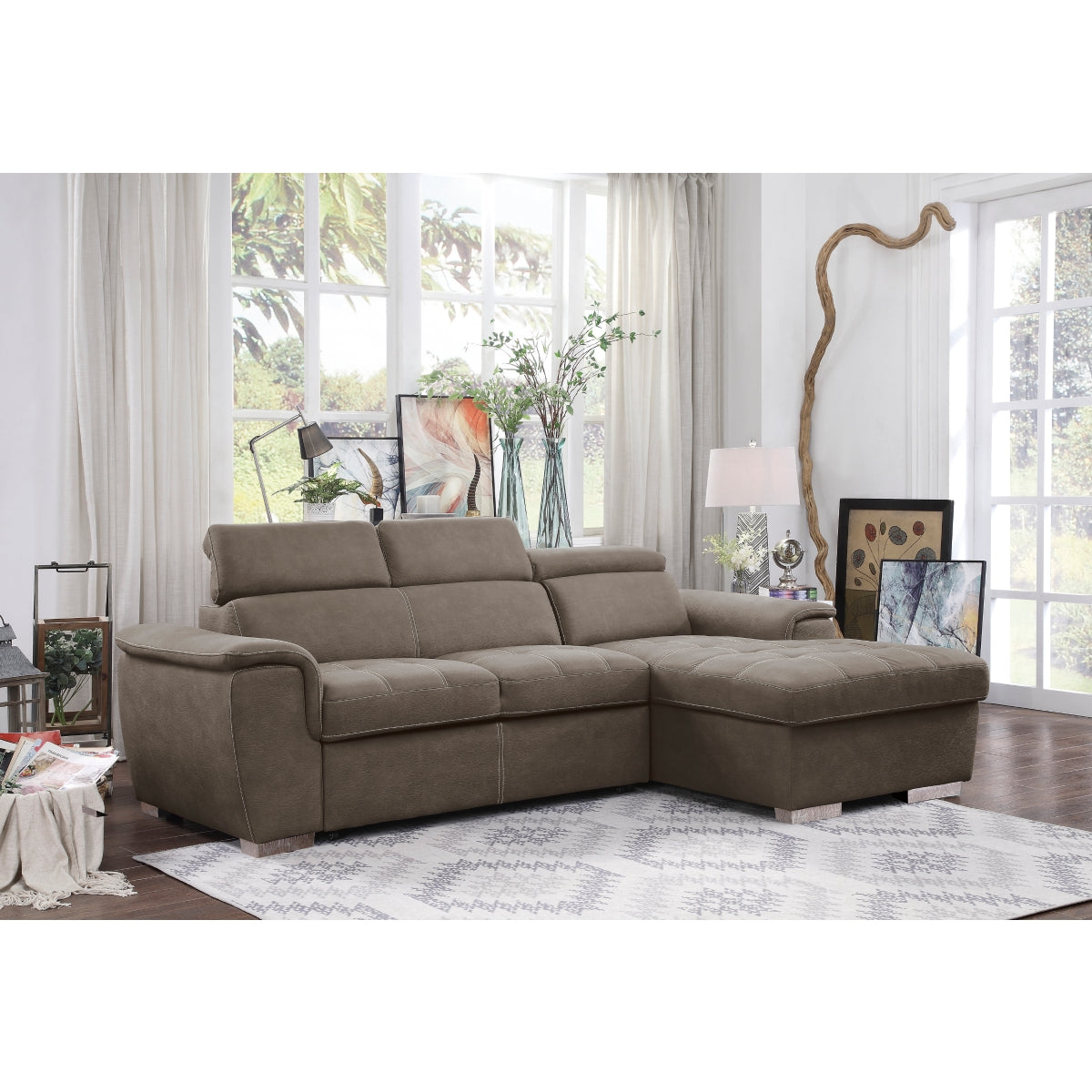 Ferriday 2-Piece Sectional with Adjustable Headrests, Pull-out Bed and Right Chaise with Hidden Storage